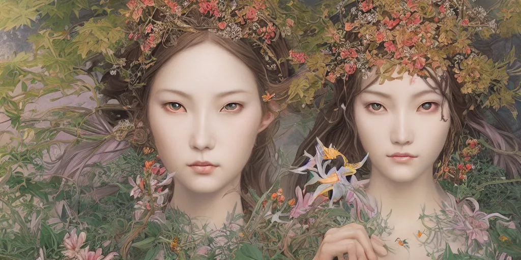 Prompt: breathtaking detailed concept art painting of the goddess, orthodox saint, with anxious, piercing eyes, ornate background, amalgamation of leaves and flowers, by hsiao - ron cheng and john james audubon and miho hirano, extremely moody lighting, 8 k