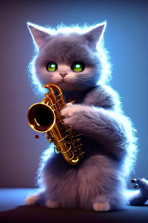 Image similar to high quality 3 d render very cute fluffy cyborg!! cat plays saxophone, cyberpunk highly detailed, unreal engine cinematic smooth, in the style of blade runner & detective pikachu, hannah yata charlie immer, moody light, low angle, uhd 8 k, sharp focus