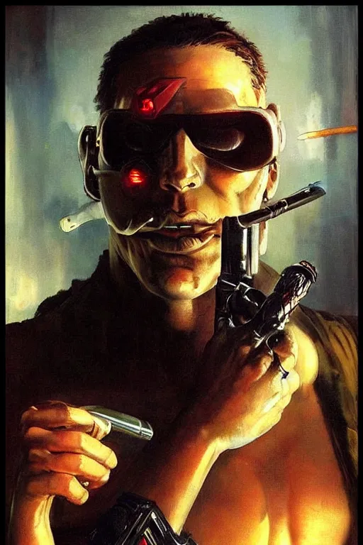 Image similar to An android smoking a cigar, by Frank Frazetta, cyberpunk, Trending on Artstation, highly detailed,