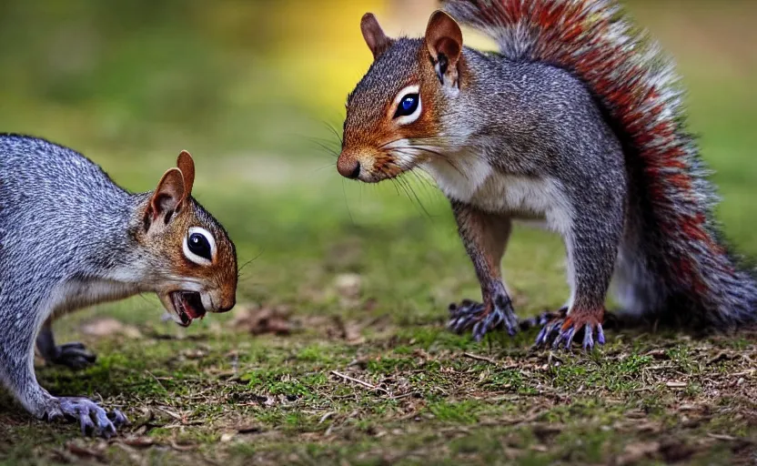 Prompt: photo of a person in a colorful fursuit, stalking a squirrel, national geographic photo