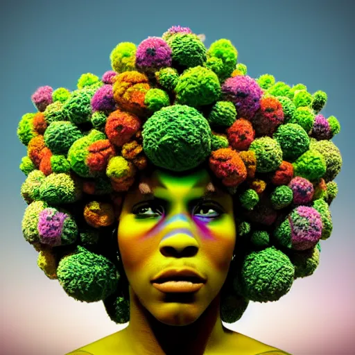 Image similar to an african marijuanna shaman with an afro made of flowers, third eye art art by machina infinitum, complexity from simplicity, rendered in octane, mandelbulb 3 d, ambient occlusion, macro photography, felt!!! texture, tribal, neon! retrowave