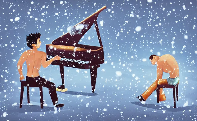 Prompt: a topless man playing piano in the heavy snow, hilarious, childrenbook illustration, anime, video games