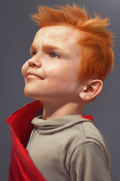 Image similar to a little boy with a michievous face and ginger hair. he is dressed as a superhero. clean elegant painting, beautiful detailed face. by artgerm and greg rutkowski