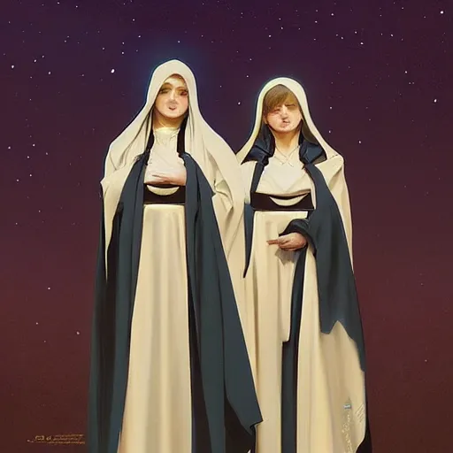 Prompt: two beautiful identical nuns under night sky, full body, intricate, elegant, highly detailed, digital painting, artstation, concept art, smooth, sharp focus, illustration, art by artgerm and greg rutkowski and alphonse mucha, detailed anime art