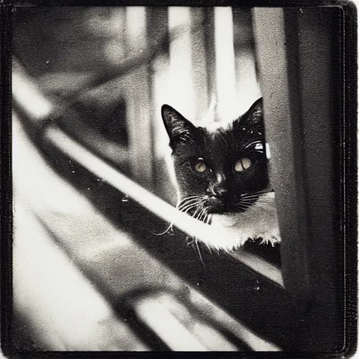 Image similar to black cat in a rollercoaster. the cat looks happy. sunlight. polaroid photo. sepia. grainy.