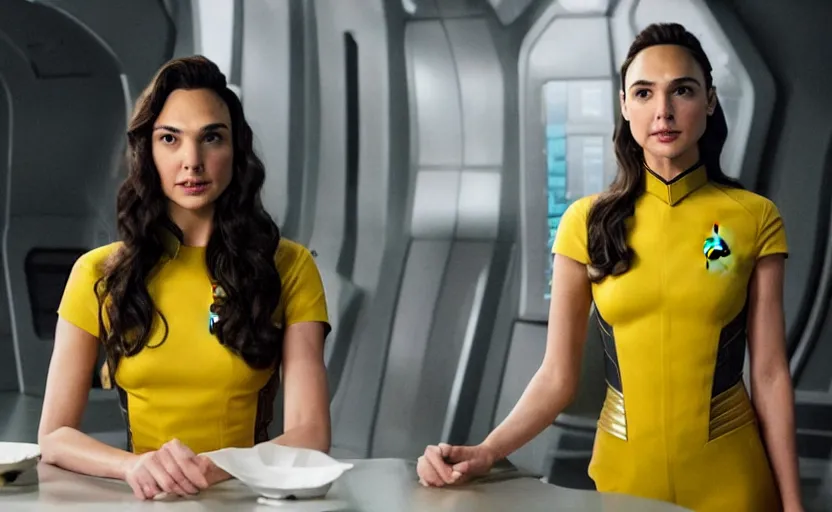 Image similar to Gal Gadot, wearing a yellow uniform, is the captain of the starship Enterprise in the new Star Trek movie