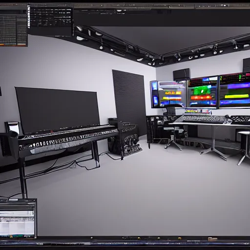 Image similar to Virtual Reality music studio Ableton Live theme concept, raytracing, highly detailed, futuristic, unreal engine 5, photoscan