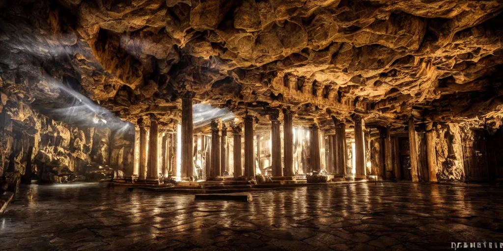 Prompt: a fantasy dwarven hall interior in the style of a waterfall cave, huge Greek columns, wet floors, high ceiling, dark moody lighting, foggy atmosphere, god rays, bright colors, photo by Denis Villeneuve, low angle view