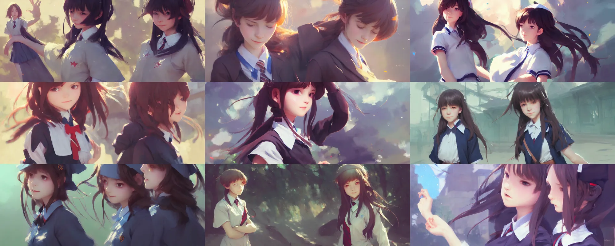 Prompt: girl with wearing magic school uniform, school courtyard, cinematic close - up, illustration, digital painting, concept art, trending on artstation, pixiv, art by ruan jia and makoto shinkai