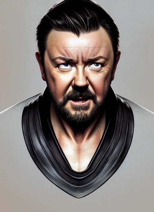 Image similar to portrait of ricky gervais, d & d, muscular! fantasy, intricate, leather robes, elegant, highly detailed, digital painting, artstation, concept art, smooth, sharp focus, illustration, art by artgerm and greg rutkowski and alphonse mucha