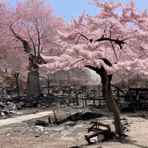 Image similar to a sakura tree in the desolation of the burning ruins around it