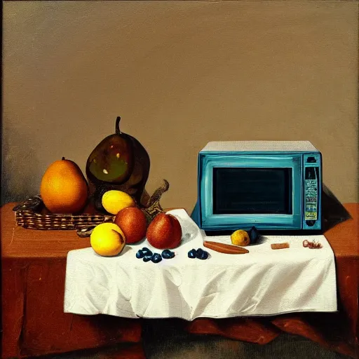 Image similar to A still life of a microwave, Gaspar Peeter, Max Carlier, painting, table, fruit bowl