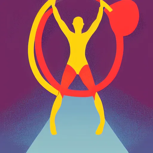 Prompt: stylized vector graphic of an athlete using gymnastic rings in the sun, warm colors, white background, trending on artstation