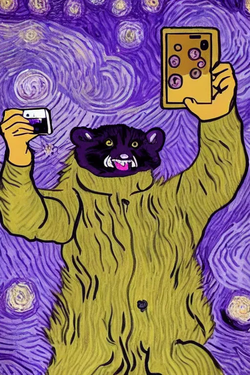 Prompt: selfie laughing purple space racoon by van Gogh style