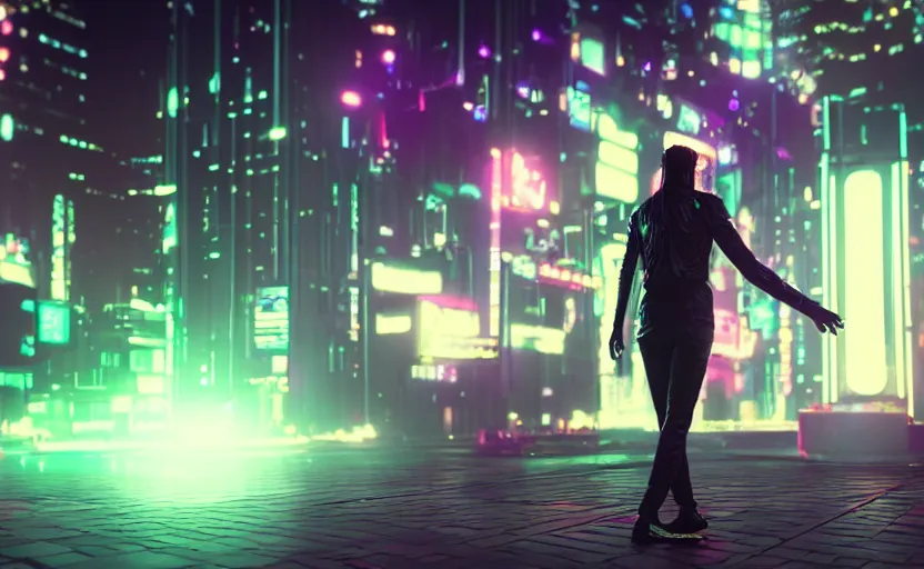 Prompt: a 3 d render of a person standing in the metaverse, cyberpunk with lights and electricity and neon, bokeh, canon 5 0 mm, cinematic lighting, volumetric light, octane, octane render, redshift render