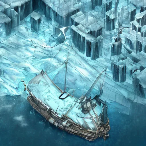 Prompt: sketch of an abandoned pirate ship encased in ice in an icy bay, aerial view, artwork by harumi hiornaka, highly detailed volumetric lighting, biomech style, concept art by michael hutter