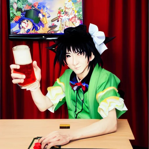 Image similar to highly detailed portrait of touhou project creator and video game designer zun drinking a single beer