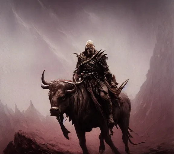 Prompt: bull warrior, full body concept, beksinski, wayne barlowe, adrian smith fantasy art, the hobbit art, lord of the ring art, the witcher concept art, trending on artstation, game of throne art