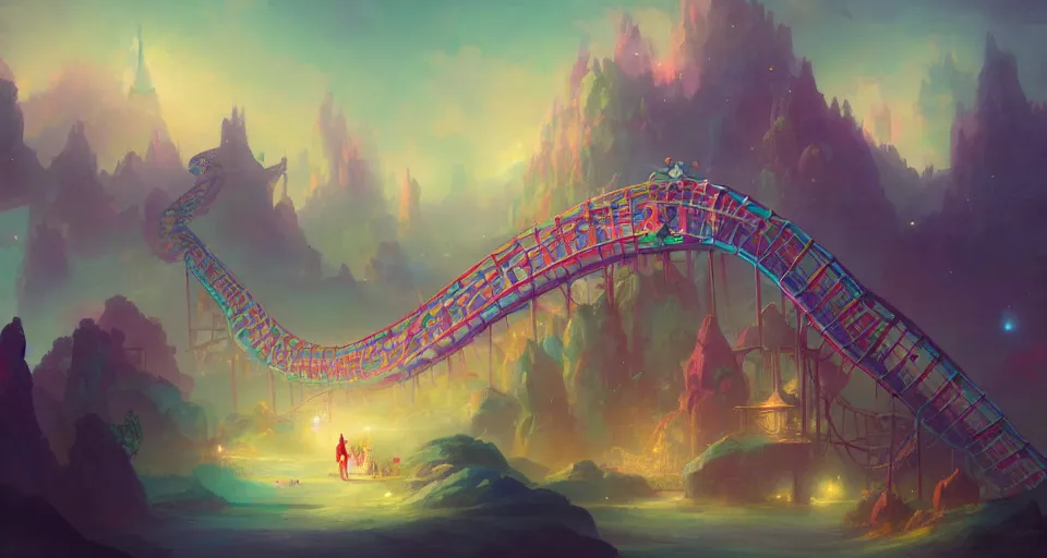 Image similar to a roller coaster with Pastel coloring by peter mohrbacher, vivid colors, matte painting, 8K, concept art, mystical color scheme, trending on artstation
