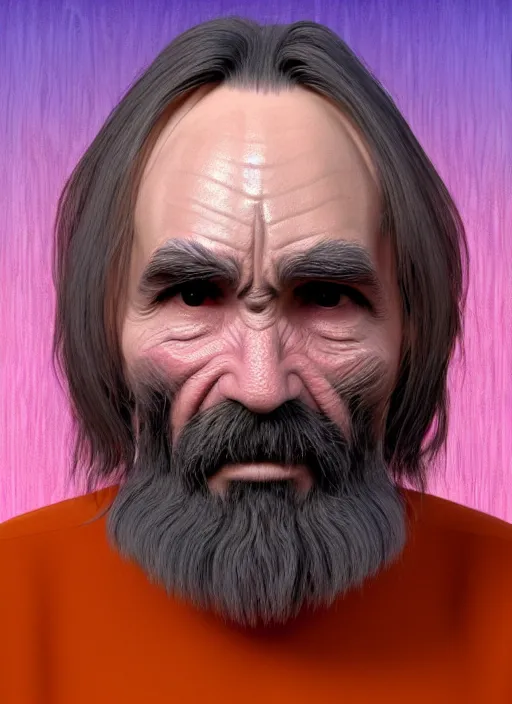 Image similar to 3 d render by alex grey depicting charles manson wearing a corn costume, 8 k, blender, wayne thiebaud brushstrokes