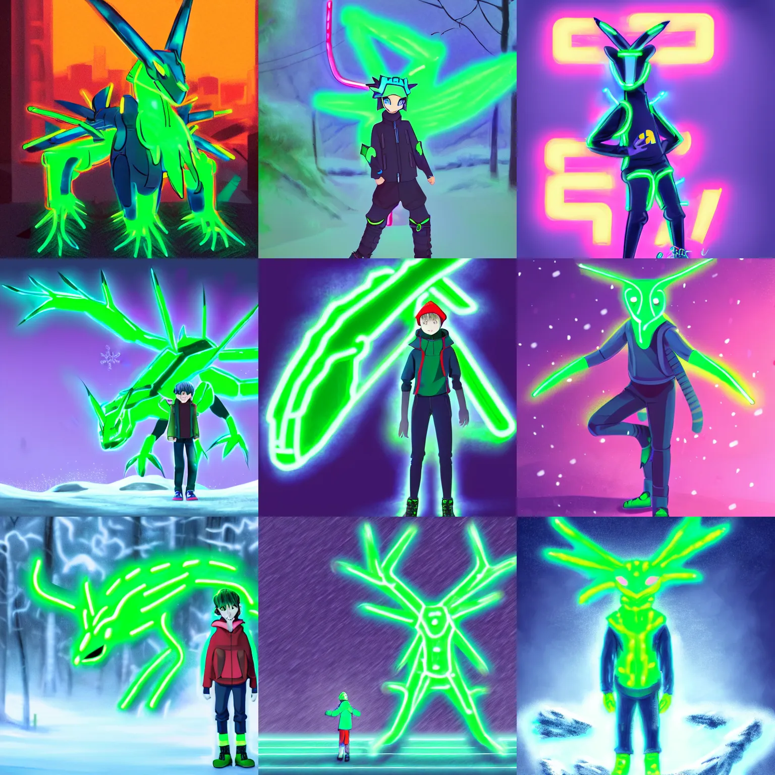 Prompt: a boy in winter clothing, standing in front of a neon green dialga, concept art, digital art, detailed, anime, pokemon, 8 k hd