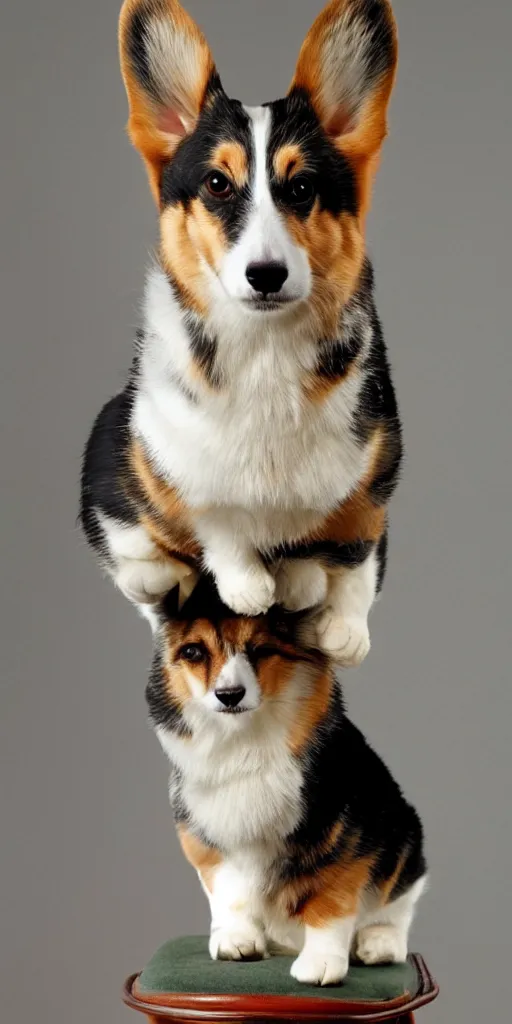 Image similar to corgi weaing saddle, cat at the top, realistic photo