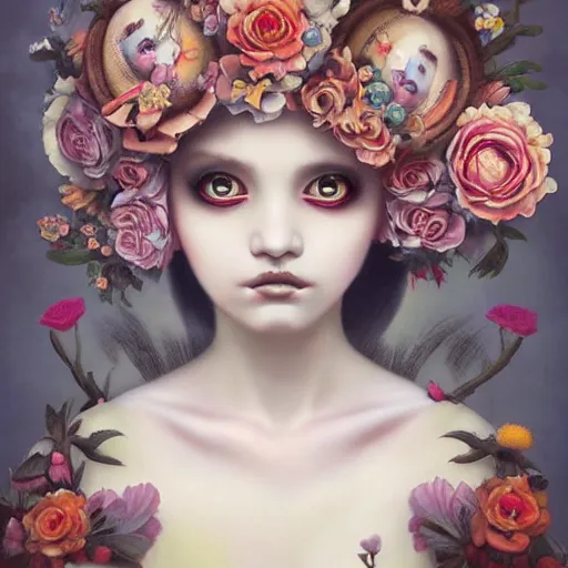Prompt: pop surrealism, lowbrow art, realistic spanish woman painting, full covered dress, japanese related with flowers, hyper realism, muted colours, rococo, natalie shau, loreta lux, tom bagshaw, mark ryden, trevor brown style