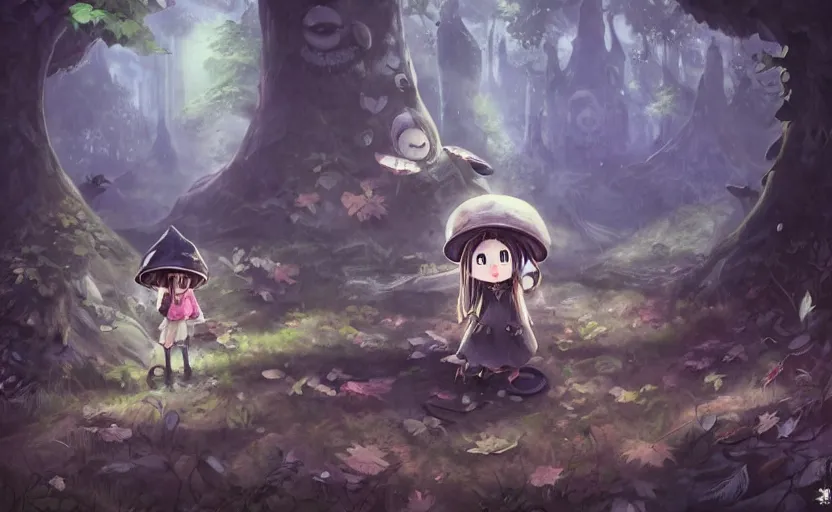 Prompt: cute little girl with an long black wearing an mushroom hat in the dark forest next to a sinister monster, cute, clean detailed art, inspired by made in abyss, detailed background, fantastic world