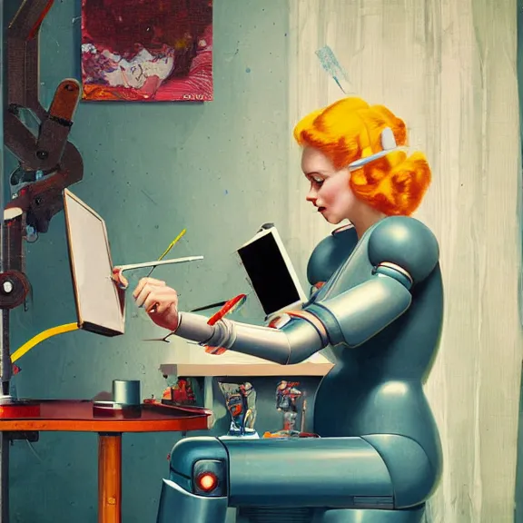 Image similar to robot artist painting a self - portrait on a canvas. intricate, highly detailed, photorealistic, film still, in the style of alexandros pyromallis, and in the style of sachin teng, and in the style of gil elvgren.