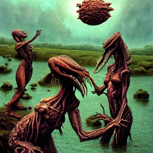 Image similar to alien creatures eating by a river, magical world, Artwork by Richard Corben + Mark Arian + Wayne Barlowe + Boris Vallejo + Julie Bell + Zdzisaw Beksinski + Ed Binkley + Mark Brooks + Jean Delvil