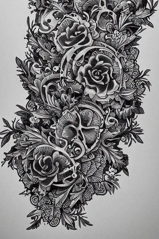 Prompt: tattoo design, leafy baroque patterns, heavy black ink, highly detailed, by Joe Fenton