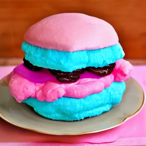 Image similar to a cotton candy burger. cyan and pink.