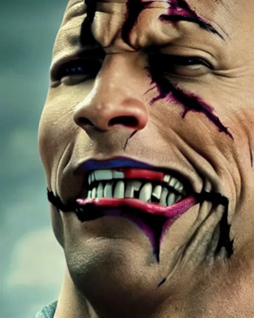 Image similar to Film still close-up shot of Dwayne The Rock Johnson as The Joker from the movie The Dark Knight