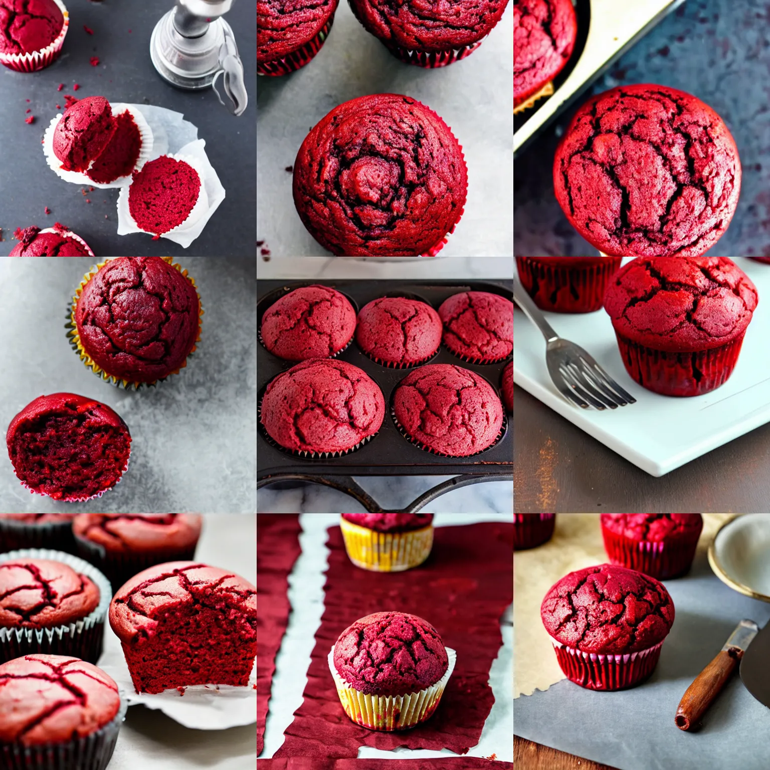 Prompt: a red velvet muffin baked way too long
