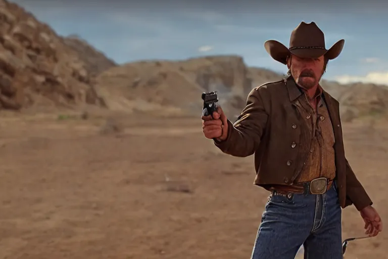 Prompt: film still of the main character cowboy standing holding a pistol in the outdoor scene in an action movie posing for the camera 2 0 2 0, 4 k wild west