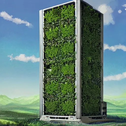 Image similar to vertical farm towers surrounding a sci - fi nuclear containment building in a steep - sided valley with trees, a sense of hope, in the style of edouard groult