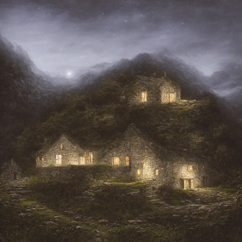 Image similar to A singular decrepit cottage on a mountaintop at night, by Lee Madgwick, hyperrealistic, V-Ray 8k UHD