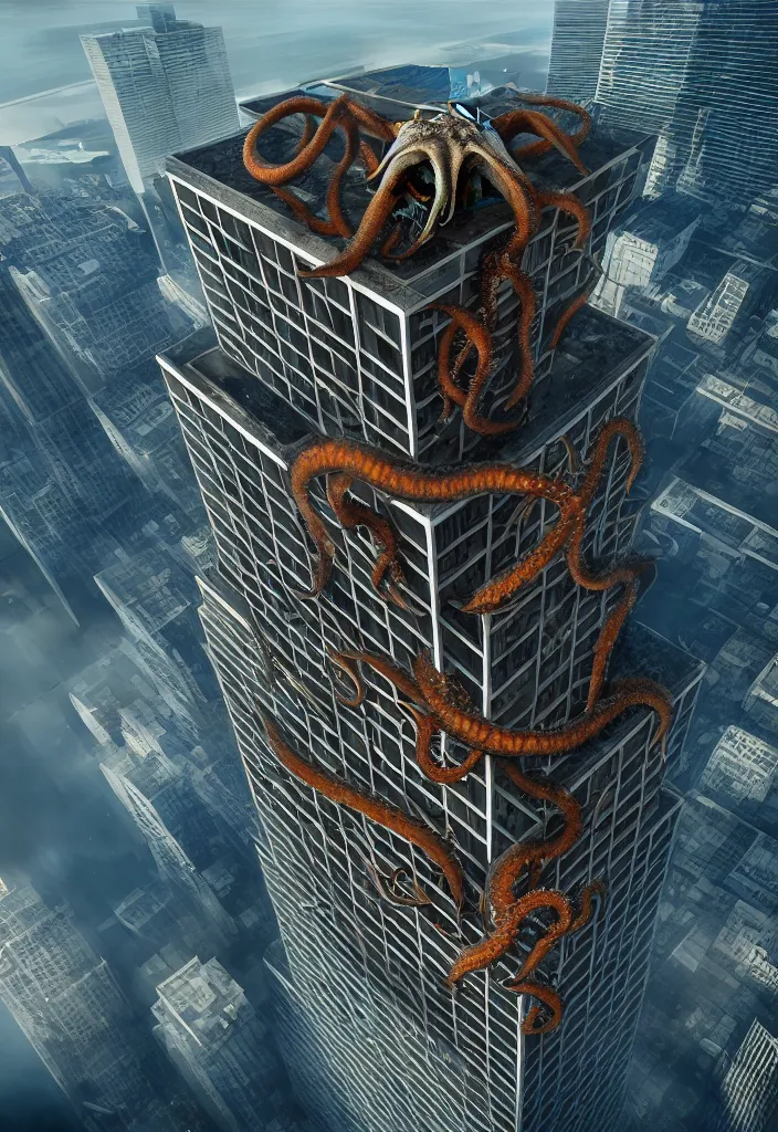 Prompt: A giant Kraken-like multi-eyed monster jumped up on a high-rise office building and is eating it. High detail, aerial view, photorealism, concept art, octane render, 8k, trending on artstation