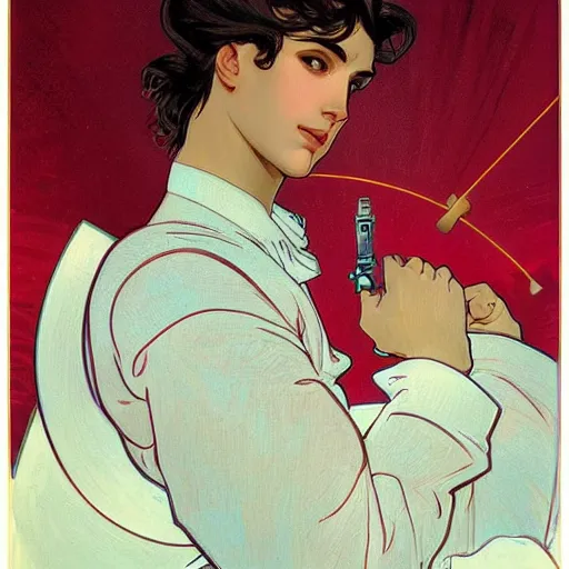 Prompt: handsome beautiful humanoid male robot with wavy dark hair, elegant, red lighting, realistic, concept art, smooth, detailed, alphonse mucha,