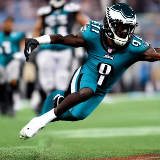 Image similar to nfl eagles wide receiver aj brown catching a football from, 8 k, 4 k uhd, realistic, hyper realistic, super detailed, very detailed, detailed