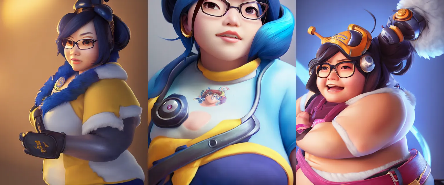 Prompt: hyperdetailed beautiful waist-up portrait of mei from overwatch as a disney pixar character, hd detailed texture, excellent 3D render, 8k, octane render, soft lighting, hyperrealistic, sharp focus, golden hour, specularity, reflections, Mei-Ling Zhou, chubby