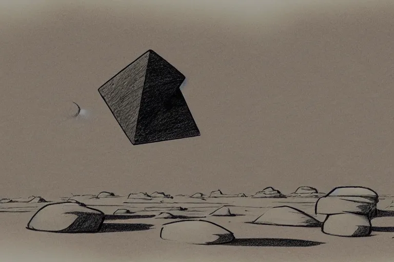 Prompt: giant stone octahedron floating above the desert concept sketch by joe johnston and nilo rodis - jamero and ralph mcquarrie and norman reynolds