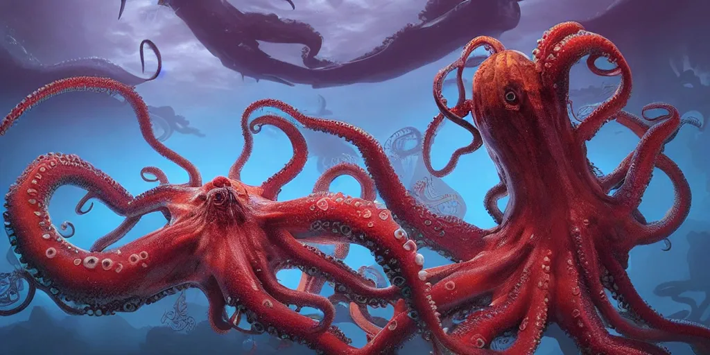 Image similar to underwater enviroment with a giant octopus boss creature with tentacles , unreal 5, hyperrealistic, realistic, photorealistic, dynamic lighting, highly detailed, cinematic landscape, studio landscape, studio lighting