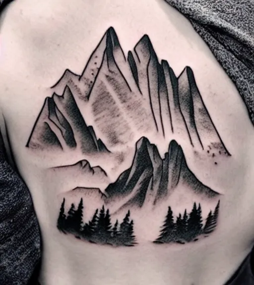 Image similar to creative double exposure effect tattoo design sketch of margot and beautiful mountains and nature, mountain scenery, realism tattoo, in the style of matteo pasqualin, amazing detail, sharp