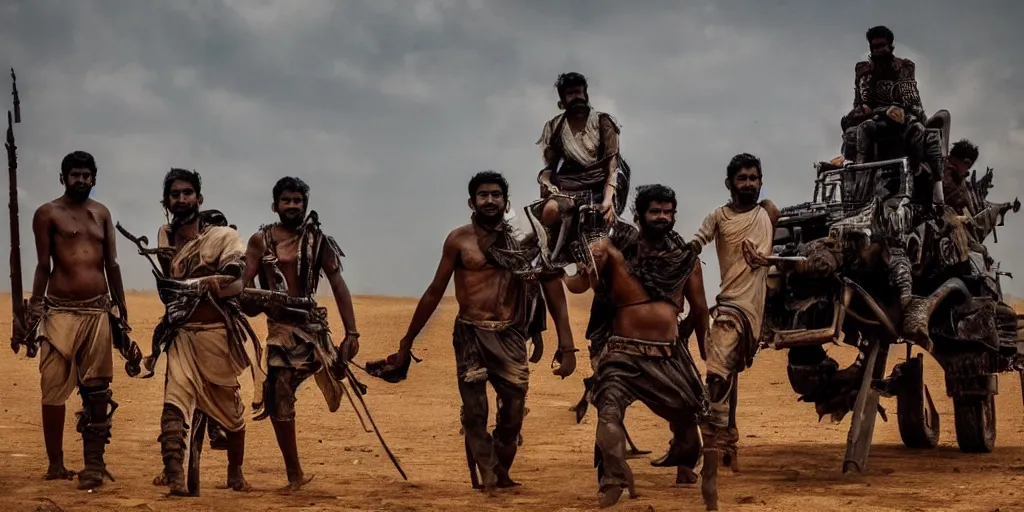 Prompt: sri lankan mad max style, film still, epic shot cinematography, rule of thirds