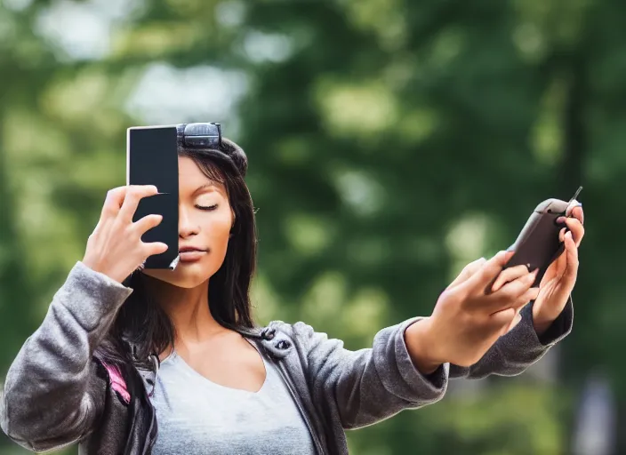 Image similar to photo still of a bronze statue of a woman using an iphone to take a selfie, in a park on a bright sunny day, 8 k 8 5 mm f 1 6