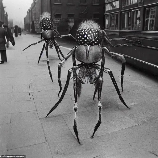 Prompt: giant spiders wearing suits on the streets of london, 1930s photograph