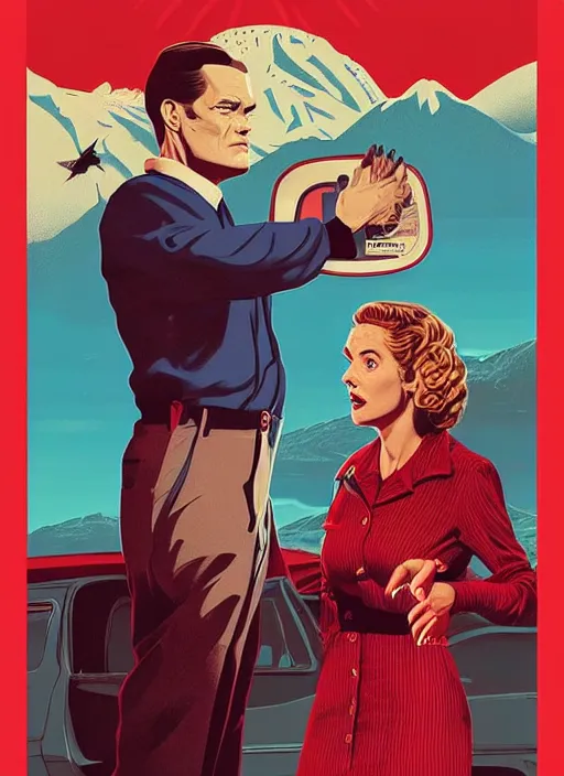 Prompt: Twin Peaks poster art, of Michael Shannon dressed as mechanic talking to Jennifer Connelly wearing light blue diner waitress dress, poster artwork by James Edmiston, Michael Whelan, Bob Larkin and Tomer Hanuka, Kilian Eng, Ed Emshwiller, Glenn Fabry, Joe Jusko, Martine Johanna, Chris Moore, from scene from Twin Peaks, simple illustration, domestic, nostalgic, from scene from Twin Peaks, clean, full of details, by Makoto Shinkai and thomas kinkade, Matte painting, trending on artstation and unreal engine, New Yorker magazine cover