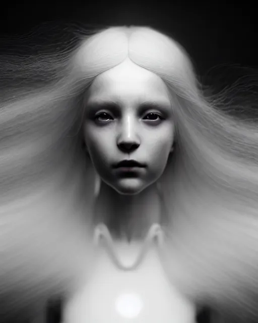 Image similar to monochrome, delicate, dreamy, feminine, subsurface scattering, white, young beautiful robot - cyborg in cosmos long white hair floating in air, fluid smoke art, black and white, octane render, dino valls, mark ryden, joe fenton, michal karcz, highly detailed, rim light, art, cinematic lighting, hyper realism, 8 k