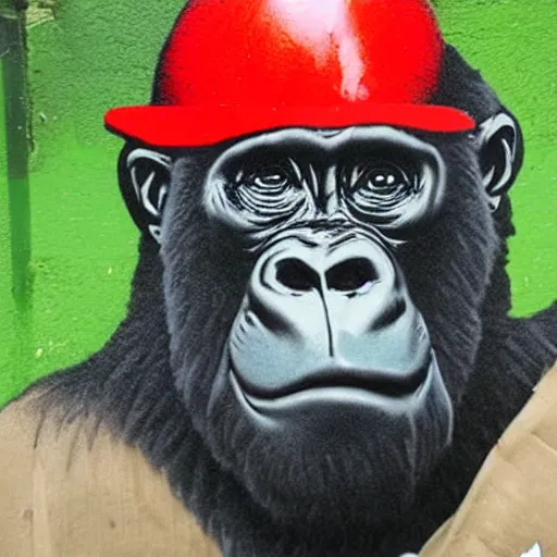 Image similar to gorilla wearing red headphones, holding a amanita muscaria, made by banksy